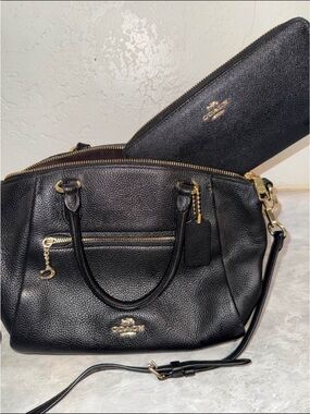 Coach Elise Black Pebbled Leather Satchel with Matching Wallet and Gold Hardware